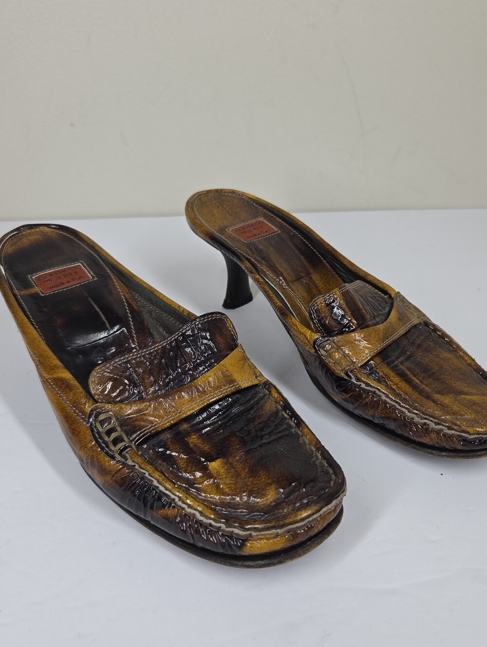 Vtg 90s Goffredo Fantini Heeled Loafer Mules Tortoiseshell Patent Leather 7 Boho
